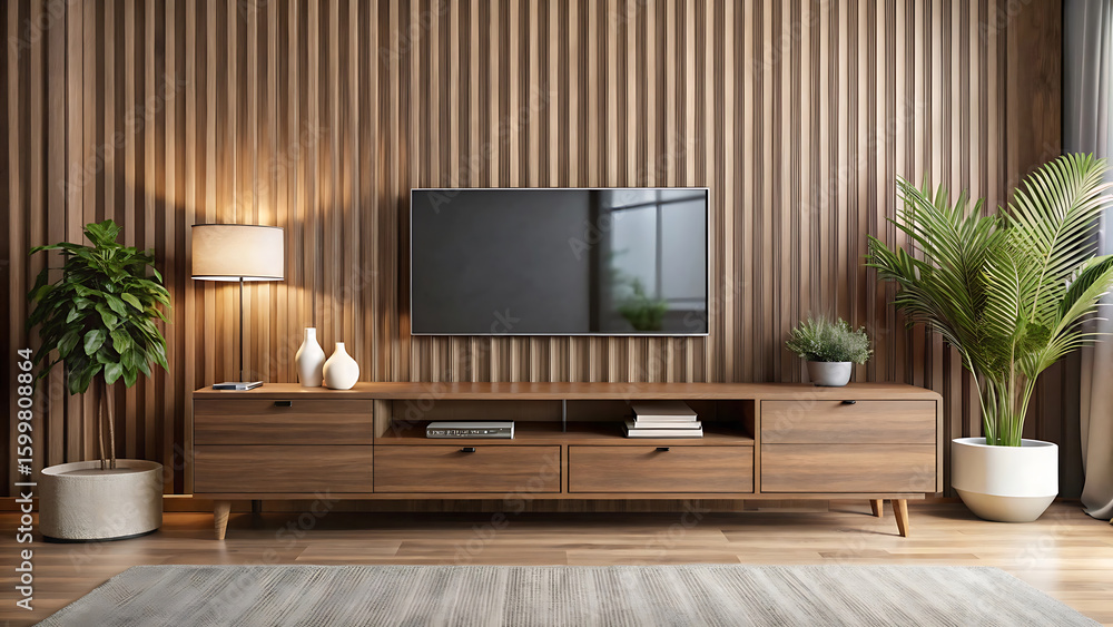 3d Mockup Of Walnut Wood Tv Stand With Vertical Drawer Design 3d Mockup Of Walnut Wood Tv Stand With Vertical Drawer Design