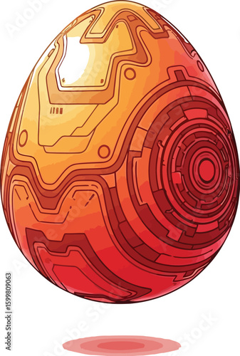 A futuristic egg with intricate circuit patterns in shades of orange and red creates a captivating design, perfect for science fiction themes and modern graphic projects.