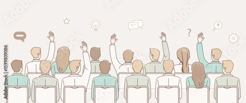 Illustration concept of group of people in a business seminar with social icons. Vector cartoon in flat design.
