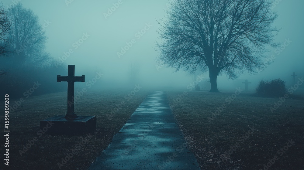 Naklejka premium A Misty Cemetery Path: A Solemn Cross in the Fog
