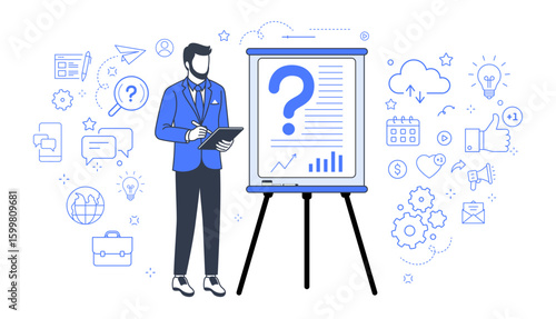 Presentation businessman explanation surrounded by business icons vector illustration. Businessman demonstrates results of statistical research
