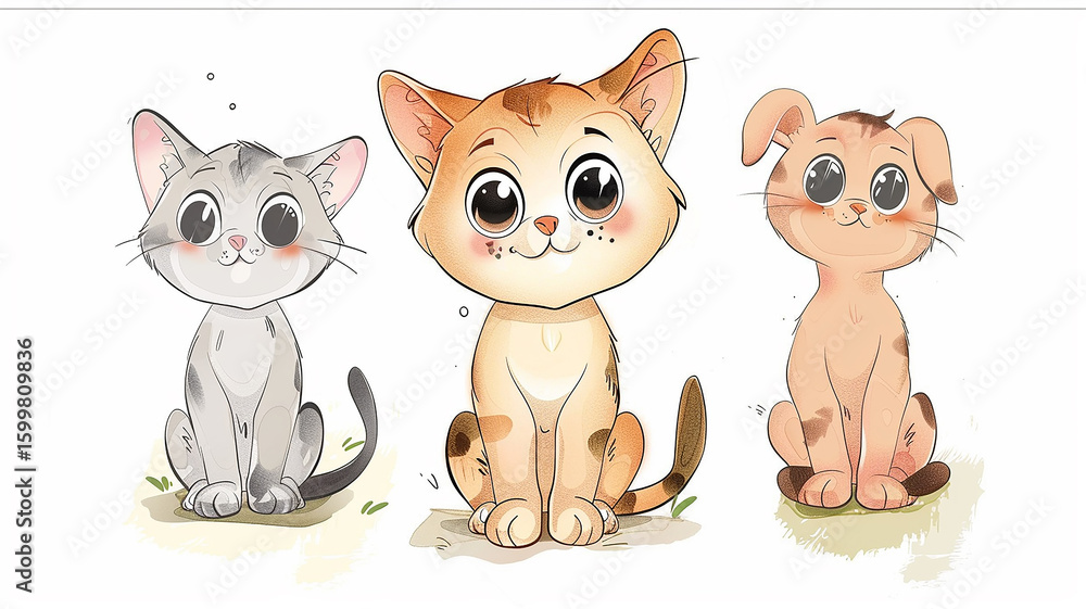 Fototapeta premium children's illustration of a cute cat on a white background, a funny pet