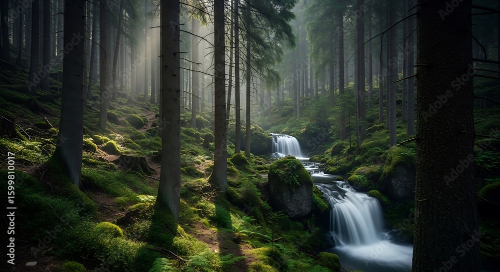 Obraz premium Enchanting Forest Waterfall Serenity with Sunbeams Streaming Through Tall Trees