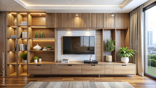 Wallpaper Mural Flat Panel Tv Above Sleek Wooden Cabinet With Deep Storage Torontodigital.ca