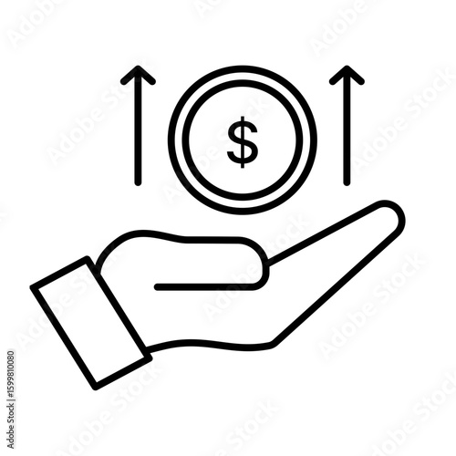 profit, hand holding a coin and upward arrows line icon with editable stroke