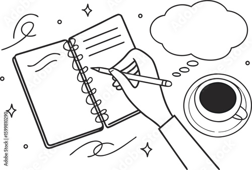 Hand writing in notebook with coffee and thought bubble coffee cup