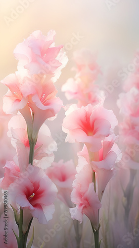 vertical background delicate pink gladiolus flowers in the morning soft pastel mist, landscape view wild field of flowers