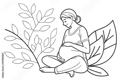 Pregnant woman holding belly surrounded by leaves branches