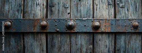 Rustic Wooden Door with Metal Details and Weathered Texture