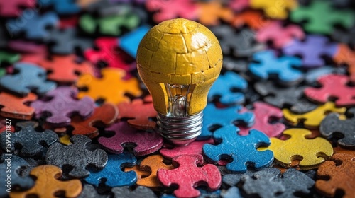 Bright Idea: A Yellow Lightbulb on Colorful Puzzle Pieces