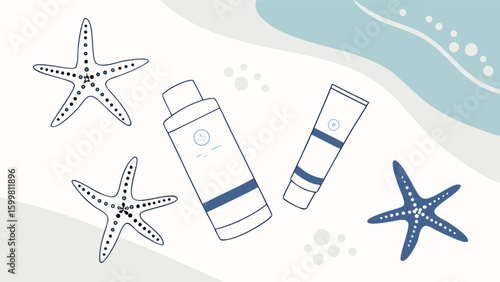 Summer beach skincare essentials flat lay with sunscreen lotion and starfish for vacation protection tips