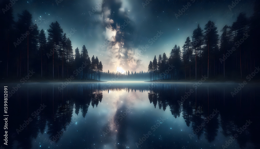 Fototapeta premium Milky Way Over Forest Lake. A tranquil forest lake reflecting the Milky Way galaxy at night.