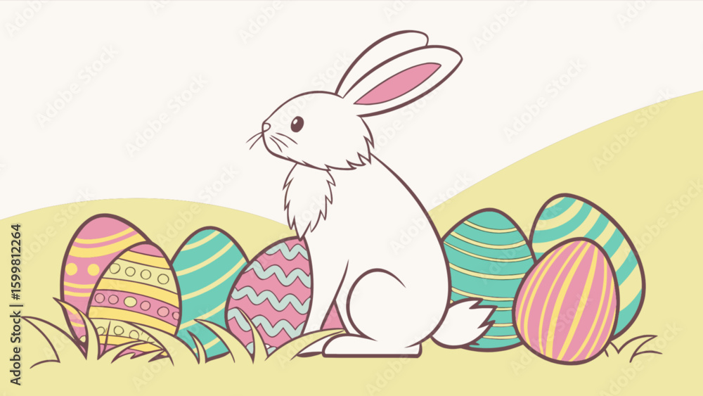 Cute easter bunny with decorated eggs in a field spring holiday vector illustration design element Cute easter bunny with decorated eggs in a field spring holiday vector illustration design element