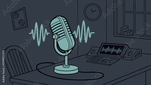 Podcast recording studio setup with microphone and sound waves for audio production and broadcasting