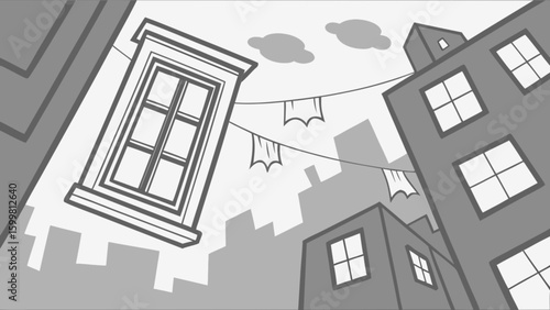 Cityscape vector illustration with buildings windows and clouds urban scene drawing for design and background use