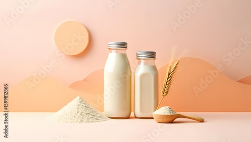 Oat Milk Bottles, Powder, Wheat, Minimalist Peach Background, Healthy Product Branding
