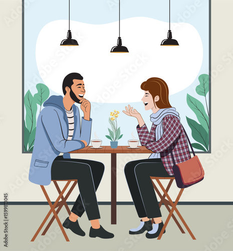 Two friends laughing and talking at a cafe table, Cartoon flat vector illustration