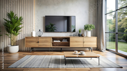 Wallpaper Mural Minimal Oak TV Console With Sliding Doors And Black Accents Torontodigital.ca