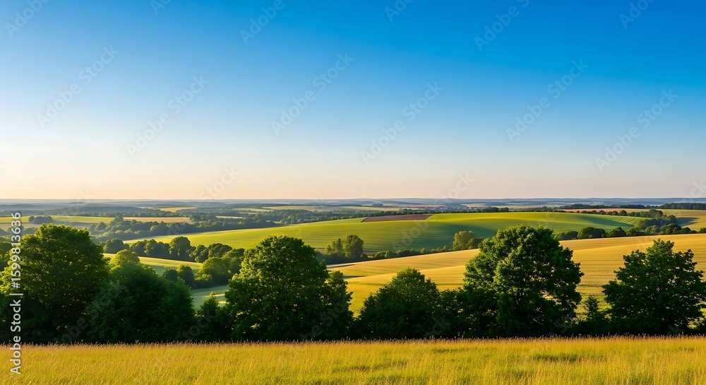 Fototapeta premium Vast Golden Wheat Field Under A Bright Blue Sky With Distant Rolling Hills And Lush Green Trees