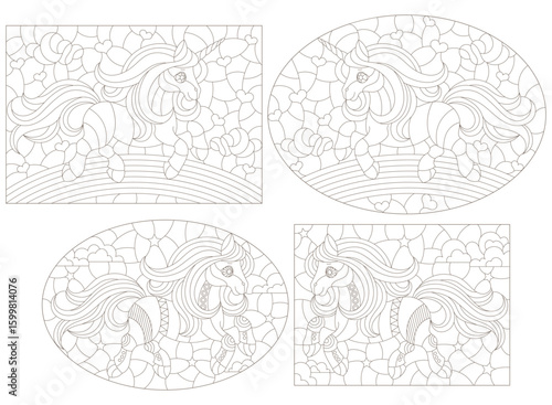 Set of contour illustrations in the style of a stained glass window with cute horsesand unicorns