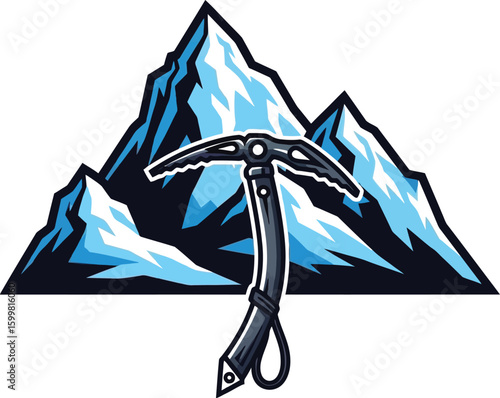 A stylized climbing scene showcases a mountain range with snow-capped peaks and a prominent ice axe, perfect for adventure themes and outdoor equipment promotions.
