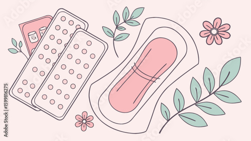 Feminine hygiene products for period menstrual cycle with sanitary pads and birth control pills concept