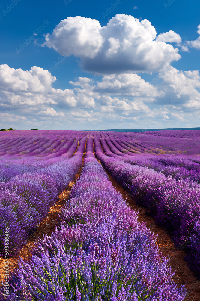 Obraz premium Vast lavender field under a blue sky with white clouds in Provence France