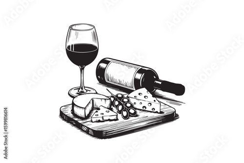 Wine and Cheese Board line art Illustration