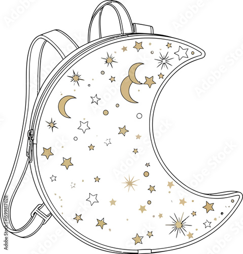 A stylish crescent moon backpack adorned with stars and celestial motifs, perfect for fashion-forward individuals seeking a unique and trendy accessory.