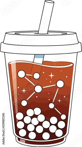 A delightful boba tea illustration showcases a refreshing drink with tapioca pearls and a constellation design, perfect for beverage enthusiasts and creative projects.