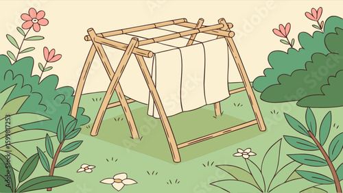 Illustration of laundry drying rack in garden with flowers and bushes for outdoor living scene