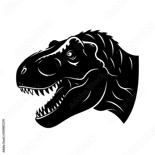 A striking black and white illustration of a Tyrannosaurus Rex head.