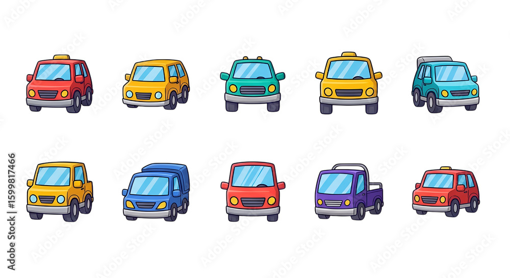 Naklejka premium Icon set transparent background illustration of a vibrant collection of ten cartoon vehicles including cars suvs and trucks in various colors