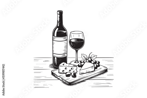 Wine and Cheese Board line art Illustration