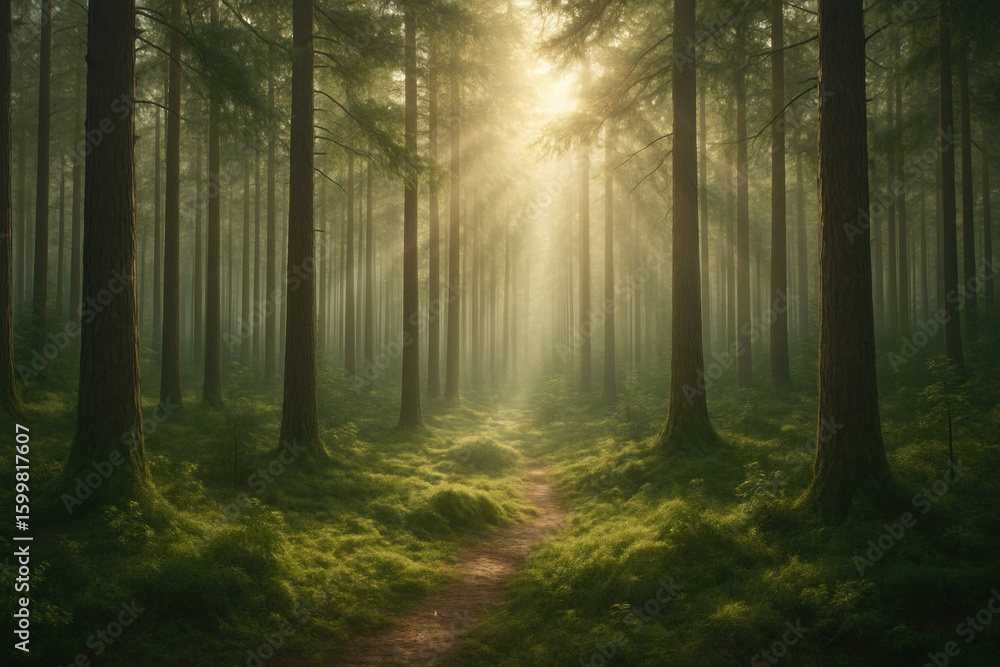 Obraz premium Bright light shines on forest path.