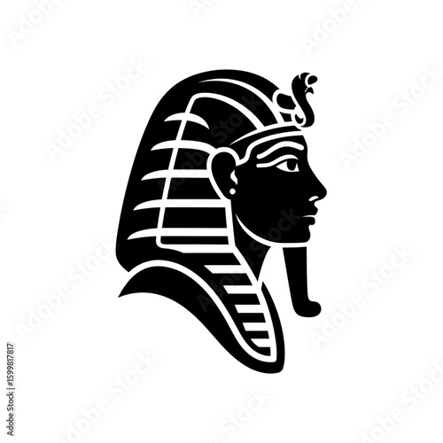 Profile portrait of an Egyptian pharaoh, depicted in a stylized black and white illustration, wearing a traditional headdress and nemes.