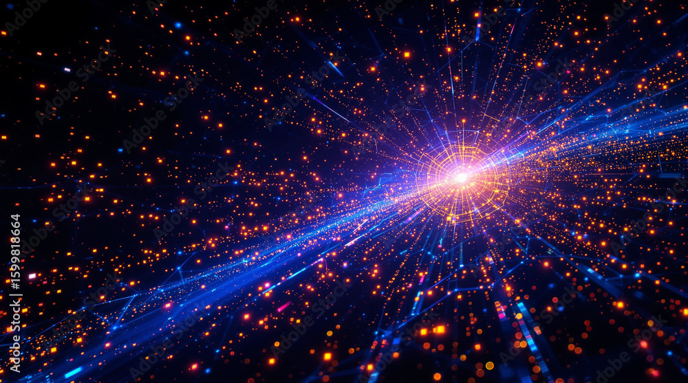 Obraz premium A vibrant, abstract digital artwork depicting a luminous burst of energy, radiating outwards from a central point, amidst a scattering of bright particles and glowing lines against a dark backdrop