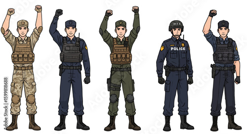 Cartoon illustrations of young men in military and police uniforms, each raising one clenched fist upward to express strength, unity, and determination. 