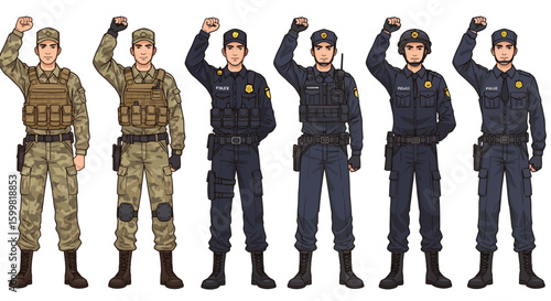 Cartoon illustrations of young men in military and police uniforms, each raising one clenched fist upward to express strength, unity, and determination. 