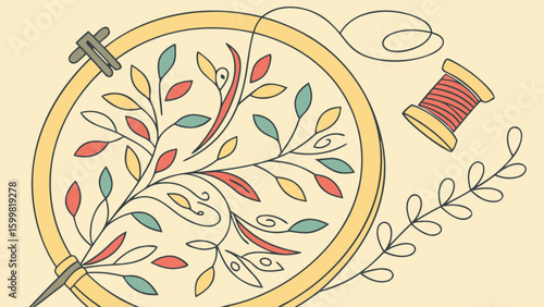 Embroidery art design with floral pattern in hoop for diy craft and needlework projects with thread spool