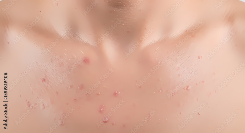 Fototapeta premium Skincare and dermatology concept showing a close-up of chest acne with inflamed red pimples and blemishes on the skin.