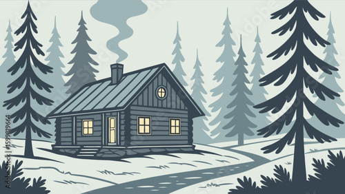 Winter cabin in the woods vector illustration scene with smoke and trees landscape for design and art