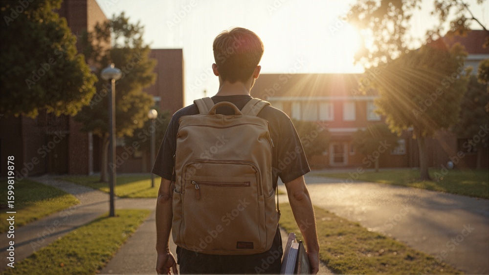 Obraz premium Student walking to campus at sunrise with backpack and books, back to school, college lifestyle, university morning routine, academic journey, education concept, motivation, fall semester, campus life