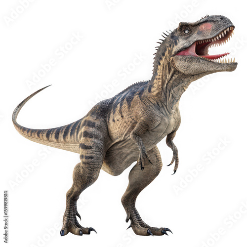 Fototapeta Naklejka Na Ścianę i Meble -  Ai generated image of a fearsome tyrannosaurus rex dinosaur with its mouth open in a roar standing on its hind legs with a long tail isolated on a