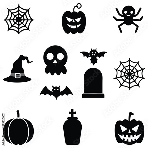 Set of twelve eerie Halloween vector icons featuring jack-o'-lanterns, tombstone, witch hat, spiders, and more in bold black silhouette style.