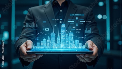 Smart city digital hologram on tablet with futuristic data analytics, financial growth, real estate technology, business innovation, data visualization, urban development, IoT infrastructure, city pla