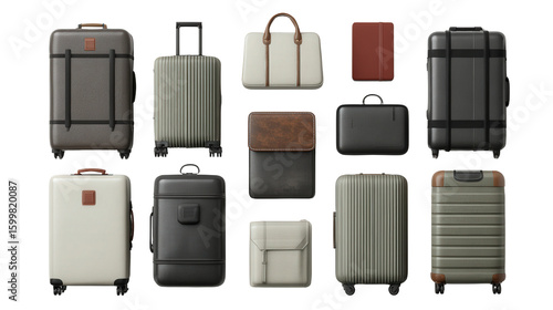 Designer Luggage Sets: A flat lay of designer luggage sets with sleek and modern designs, isolated on a Transparent background, PNG file.