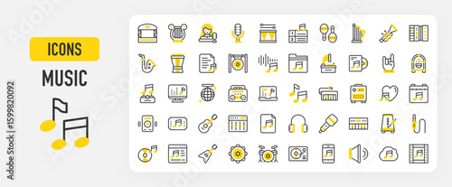 Music icons. Voice, Sound, Acoustic Guitar, Equalizer, Music, Metronome, Lyric, Musical Note, DJ, Accordion, Djembe, Drum Set, Gong, Gramophone, Harp vector stroke illustration.	
