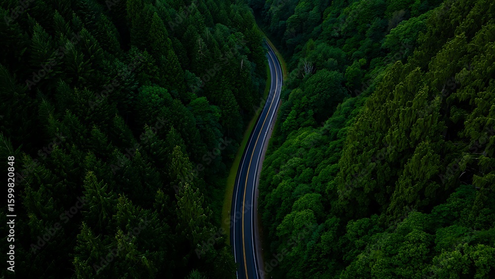 Obraz premium Scenic Winding Road Cutting Through Lush Green Forest from Above Creating a Sense of Adventure and Travel