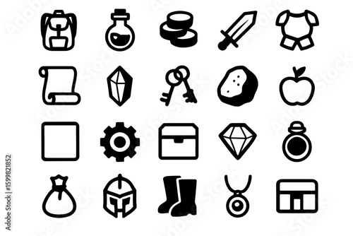 Diverse set of iconic game elements featuring adventure gear, alchemical tools, and treasure symbols in a minimalist black and white style